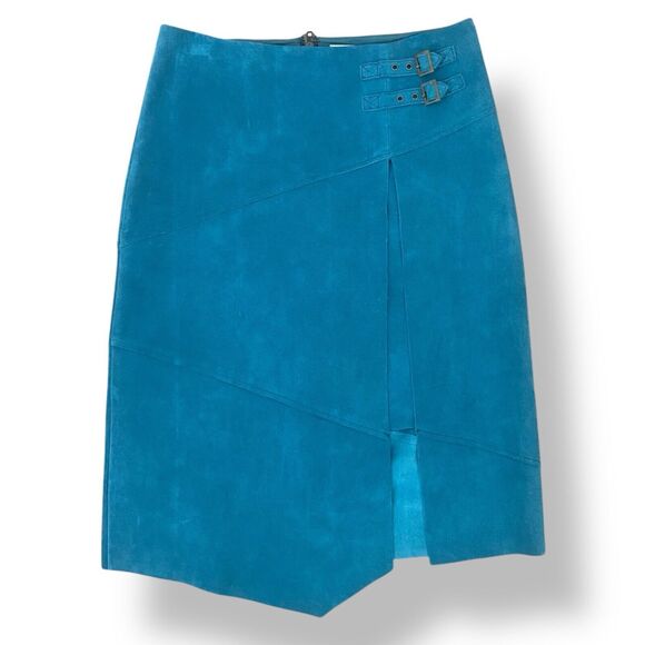 Anthropologie Leifsdottir Women Suede Leather Knee Length Skirt Teal Size 10 - Picture 6 of 14